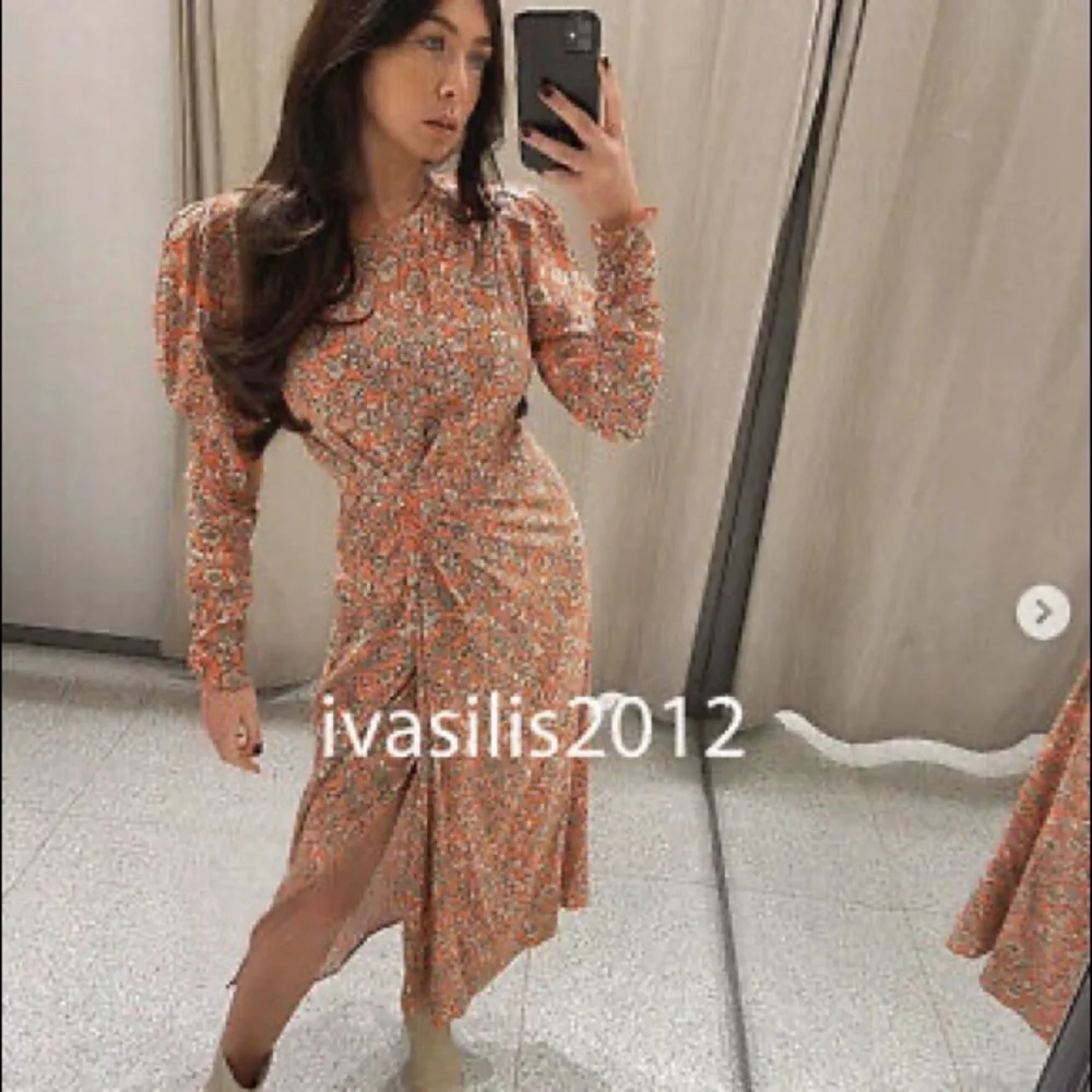 Zara FLORAL PRINTED DRAPED MIDI Flowy DRESS Long Sleeve Puff Shoulders Sz XS NEW - Picture 7 of 16
